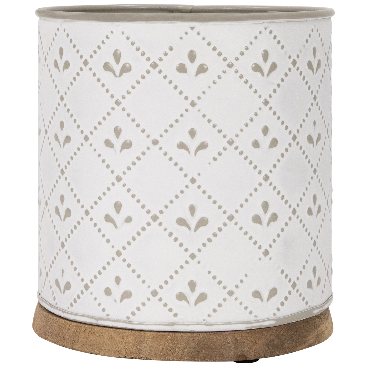 35688832 6.5 in. Round Embossed Storage Container with Wooden Base, White