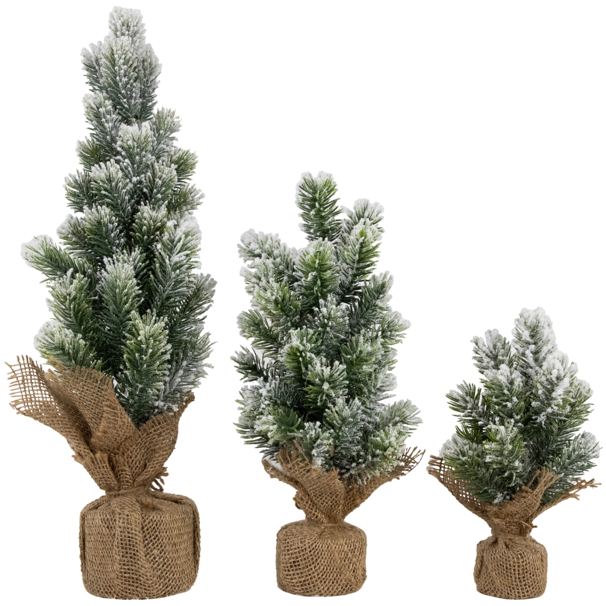 35707830 18 in. Mini Flocked Pine Artificial Christmas Trees with Burlap Base, Green - Set of 3 -  NorthLight