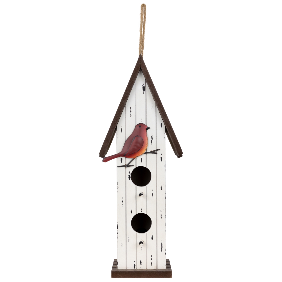 35747118 14.5 x 5.5 x 4 in. Wooden Birdhouse with Metal Bird Wall Decoration, Antique White