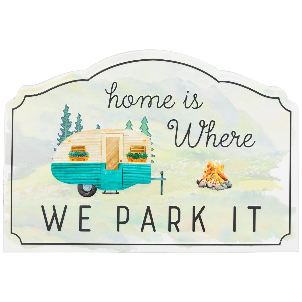 35747135 11 x 16 x 1 in. Home Is Where We Park It Camper Metal Wall Sign, White