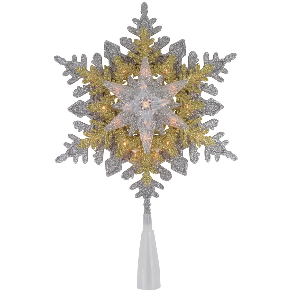 Picture of Northlight 35167247 13.75 in. Lighted Gold & Silver Snowflake Christmas Tree Topper with Clear Lights