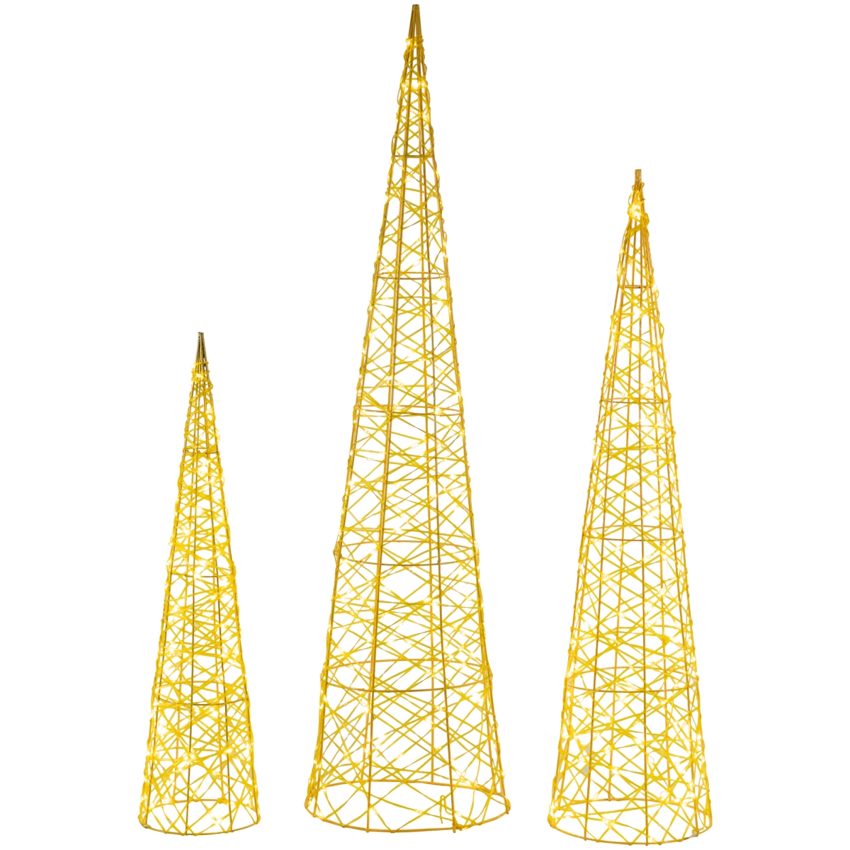 Picture of Northlight 35681661 39.5 in. LED Twinkle Lighted Gold Mesh Cone Trees Outdoor Christmas Decorations&#44; Set of 3