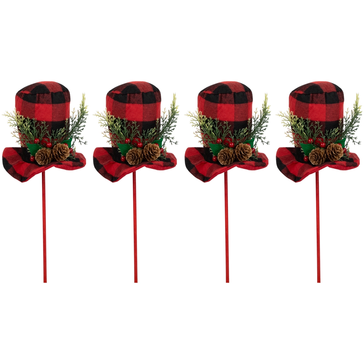 35691715 15 in. Red & Black Plaid Plush Winter Hat Christmas Picks - Set of 4