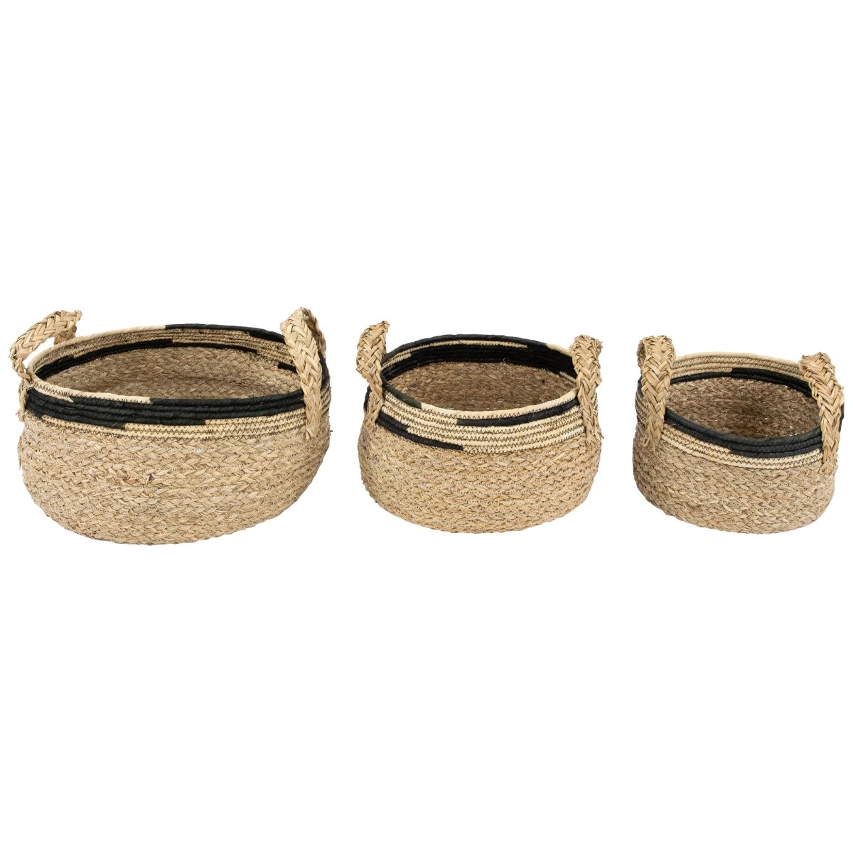 Picture of Northlight 35737408 13.75 in. Khaki & Black Braid Weave Seagrass Storage Baskets with Handles - Set of 3