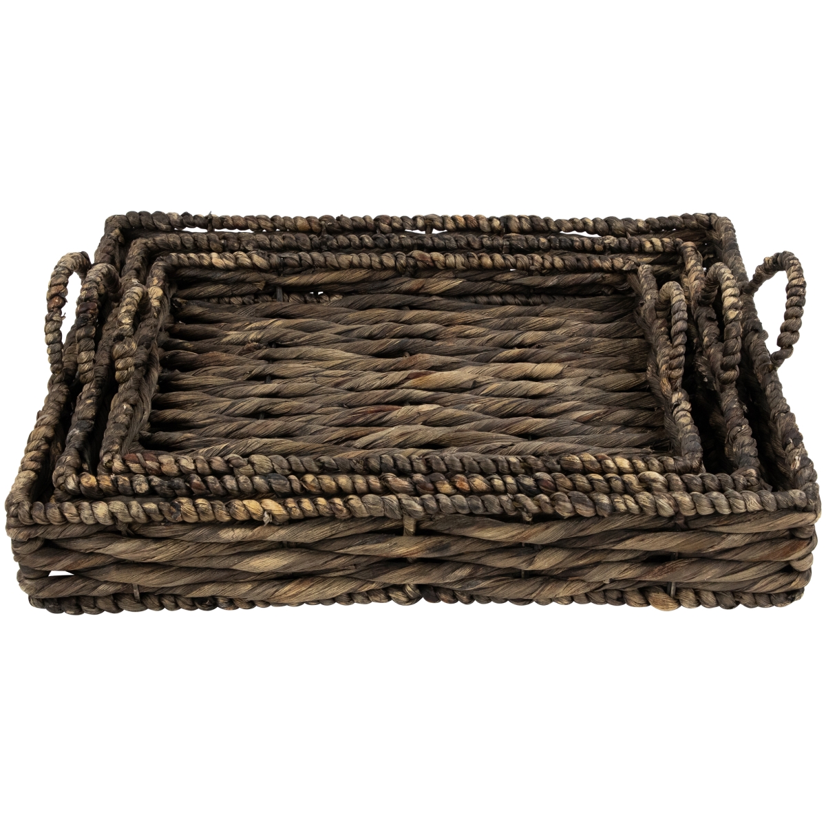 35737396 13.75 in. Rectangular Water Hyacinth Trays with Handles, Brown - Set of 3
