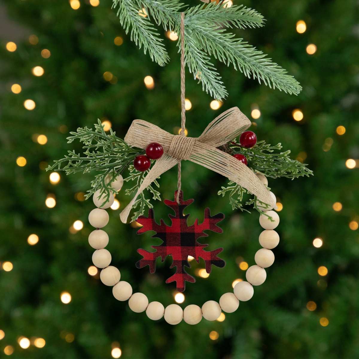 35768274 7 in. Buffalo Plaid Snowflake Wooden Beads Christmas Wreath Ornament, Beige