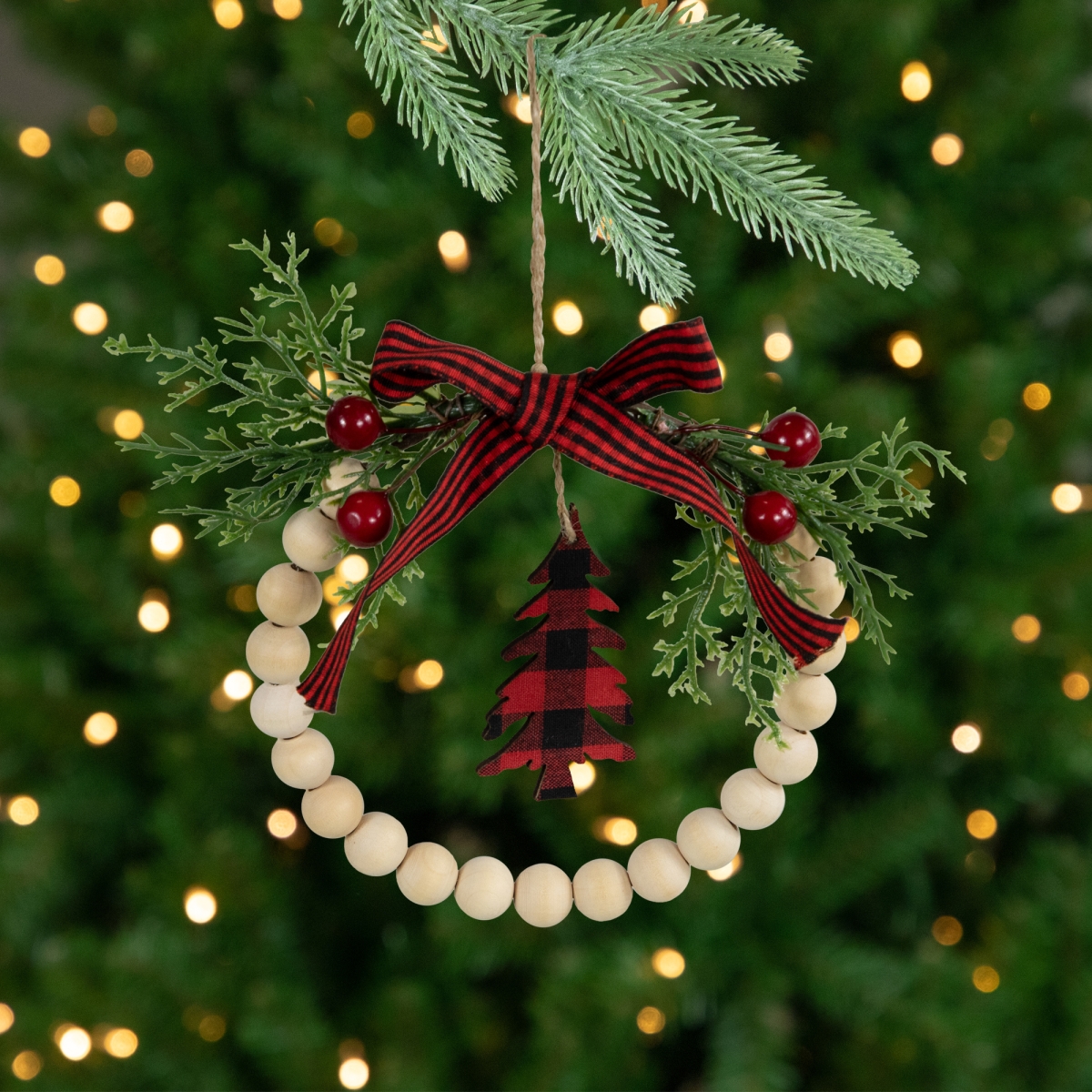 35768276 5.5 in. Buffalo Plaid Tree & Bow Wooden Beaded Christmas Wreath Ornament, Ivory