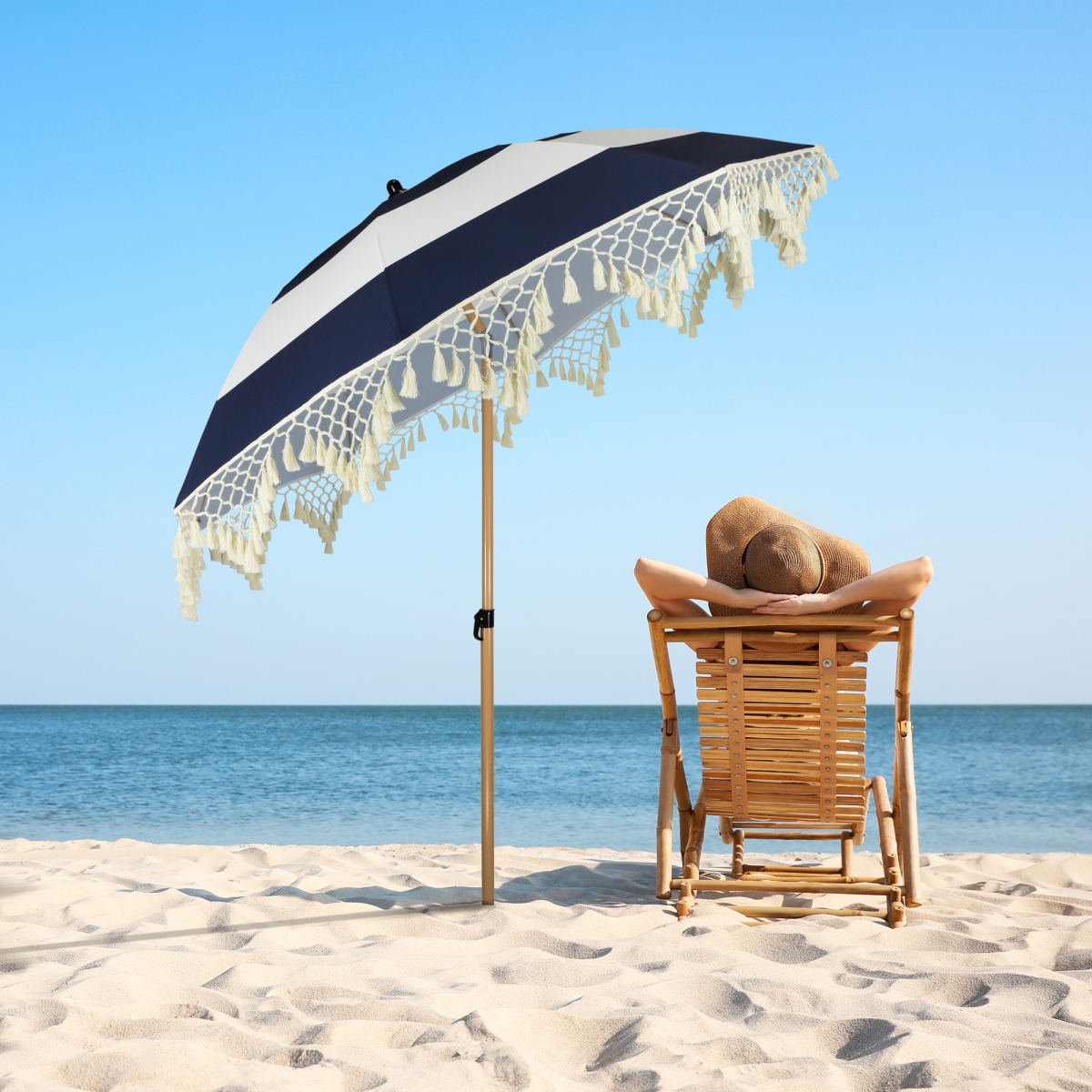 35758347 6.5 ft. Striped Outdoor Tilting Beach Market Umbrella, Blue & White