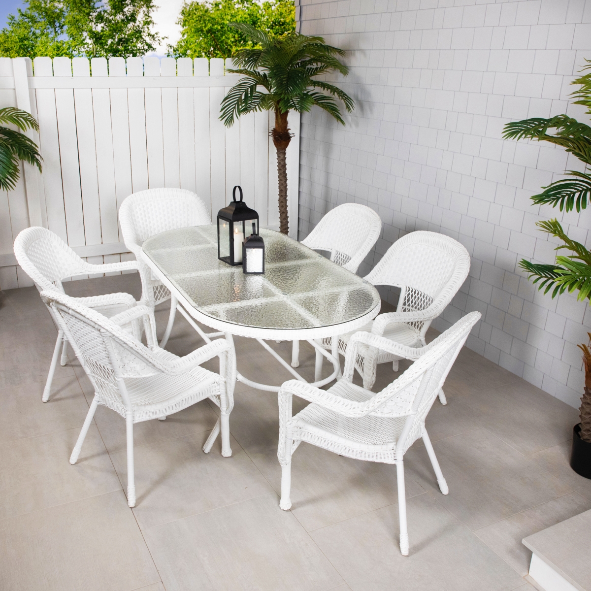35762855 Resin Wicker Outdoor Dining Set, White - 7 Piece