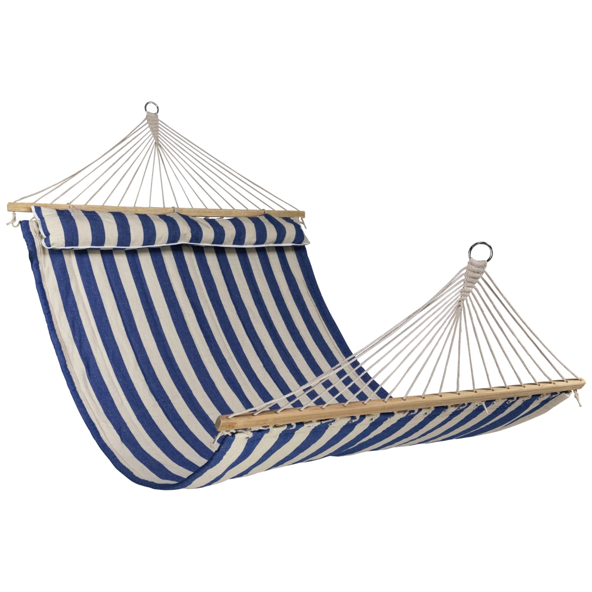 35758344 9 ft. x 55 in. Striped Macrame Quilted Two Person Double Hammock with Pillow - Blue & Cream