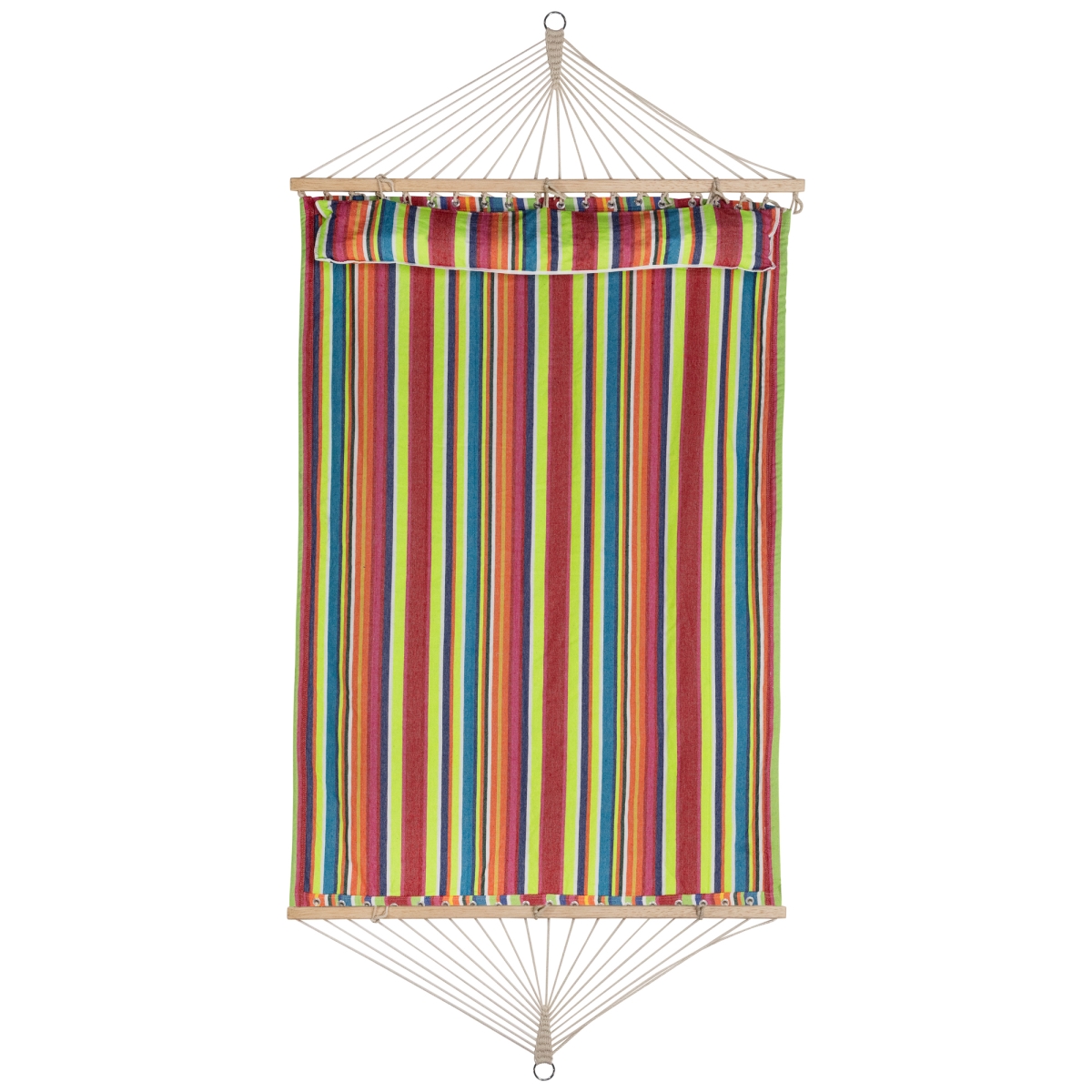 35758345 9 ft. x 55 in. Striped Macrame Quilted Two Person Double Hammock with Pillow - Multi Color