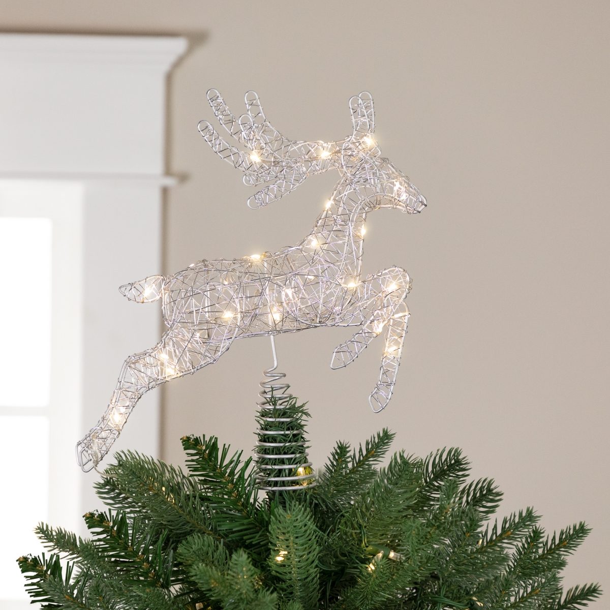 35764510 13 in. LED Lighted Reindeer Christmas Tree Topper - Silver - Warm White Lights