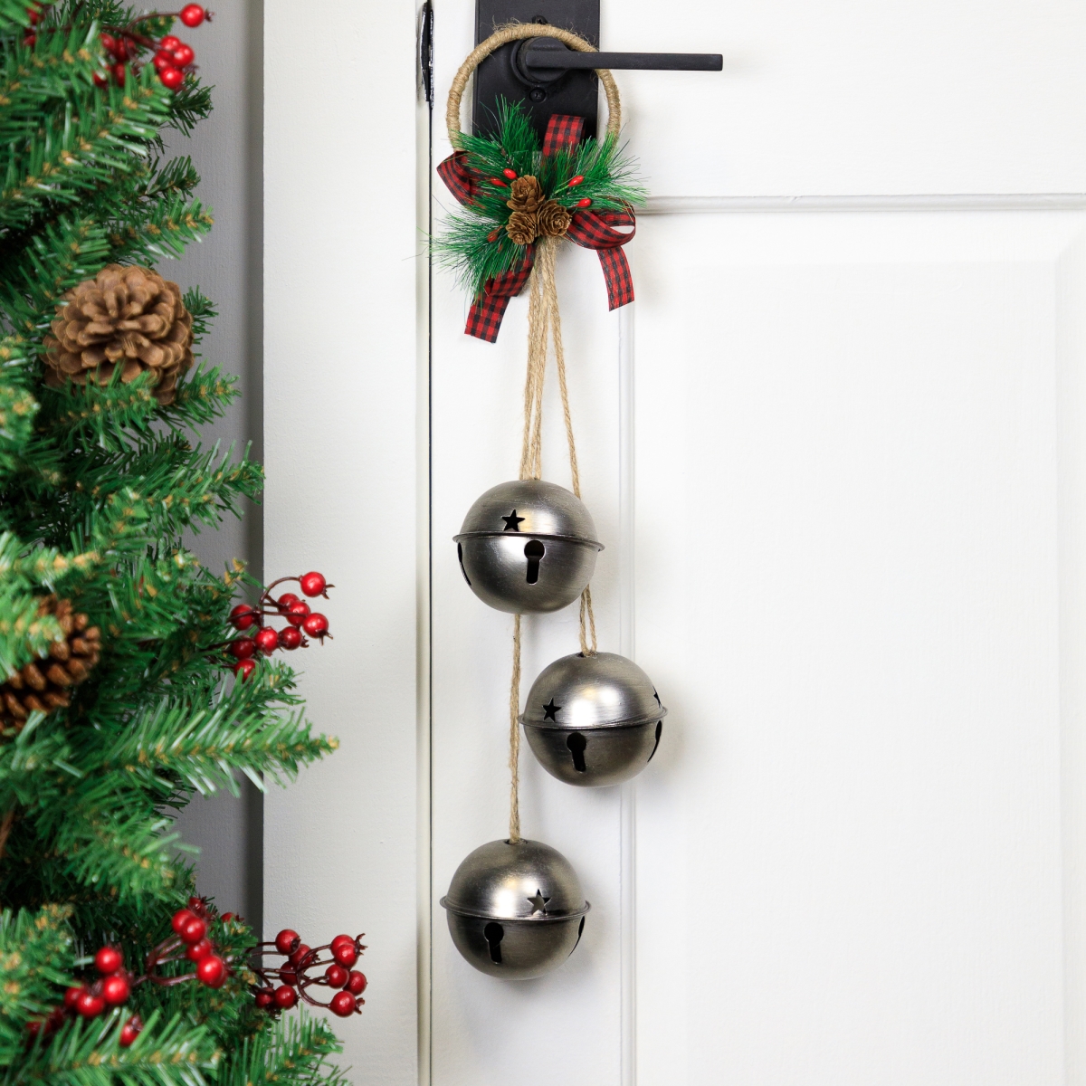 35765878 20 in. Jingle Bells with Plaid Bow Christmas Decoration - Silver