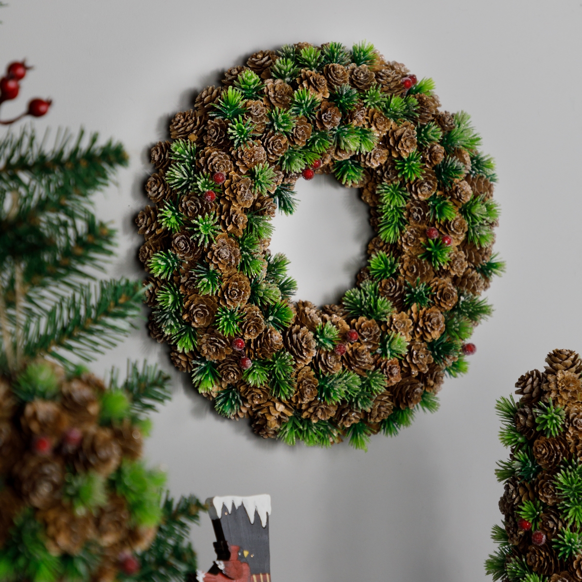 35768254 13 in. Mini Pinecone & Berries Frosted Christmas Wreath - Unlit