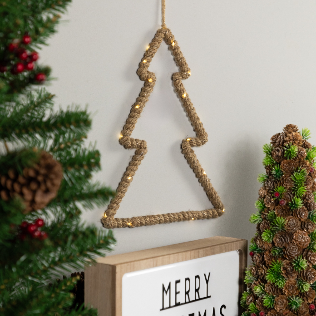 35768277 14 in. Lighted Jute Wrapped Pine Tree Silhouette Hanging Christmas Decoration
