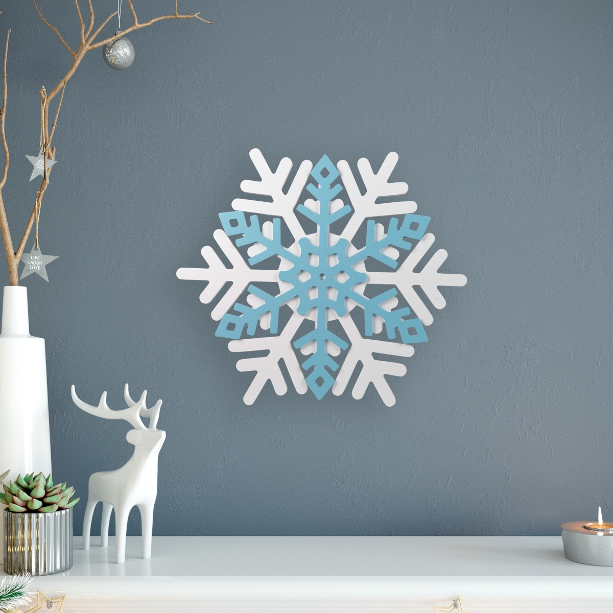 35771138 11.75 in. Snowflake Wooden Christmas Wall Decoration, White & Blue