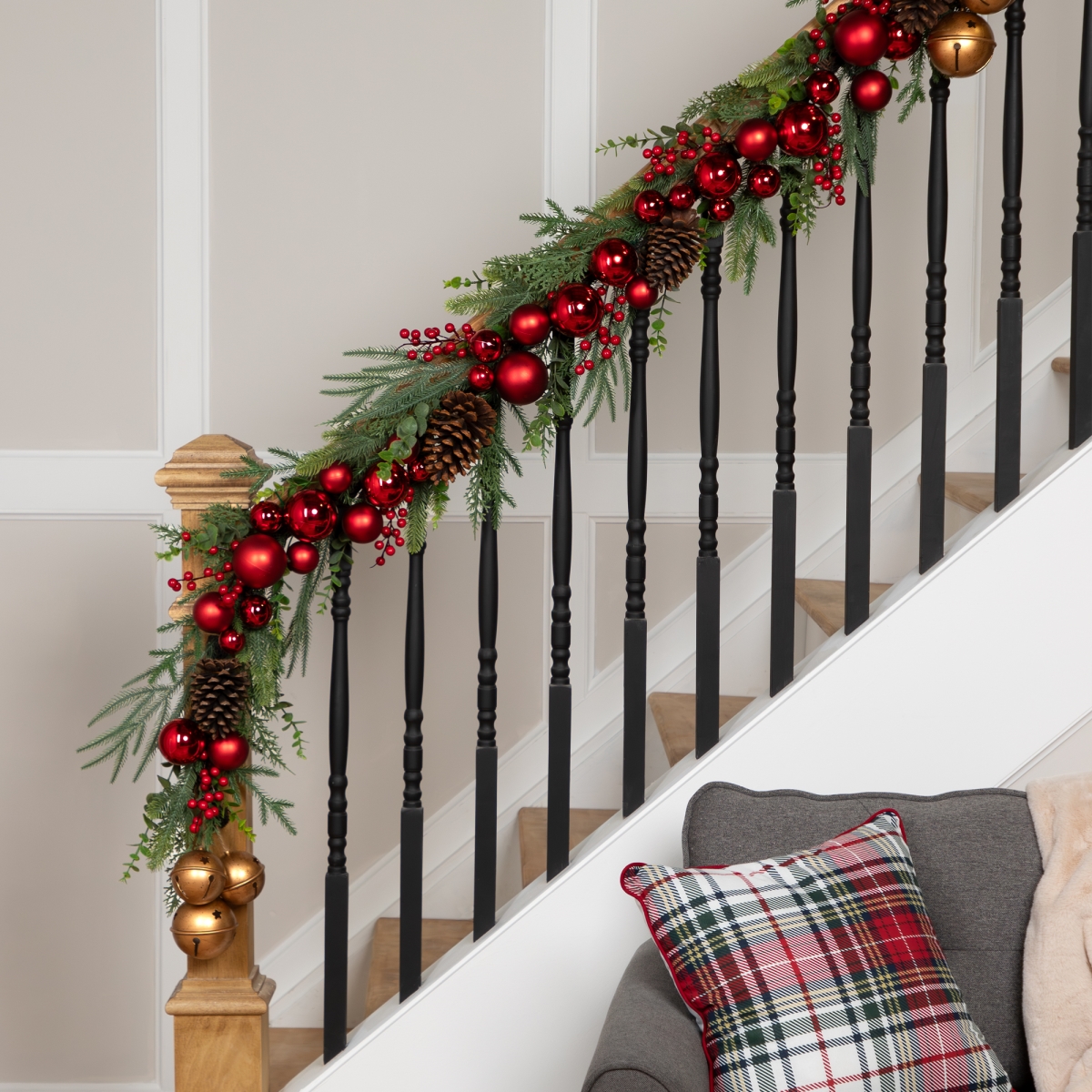35784550 6 ft. x 8 in. Mixed Foliage with Jingle Bells & Ornaments Artificial Christmas Garland Unlit, Green