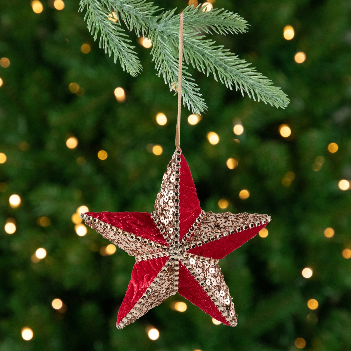 35768227 6 in. Beaded & Sequined 5-Point Star Christmas Ornament, Red