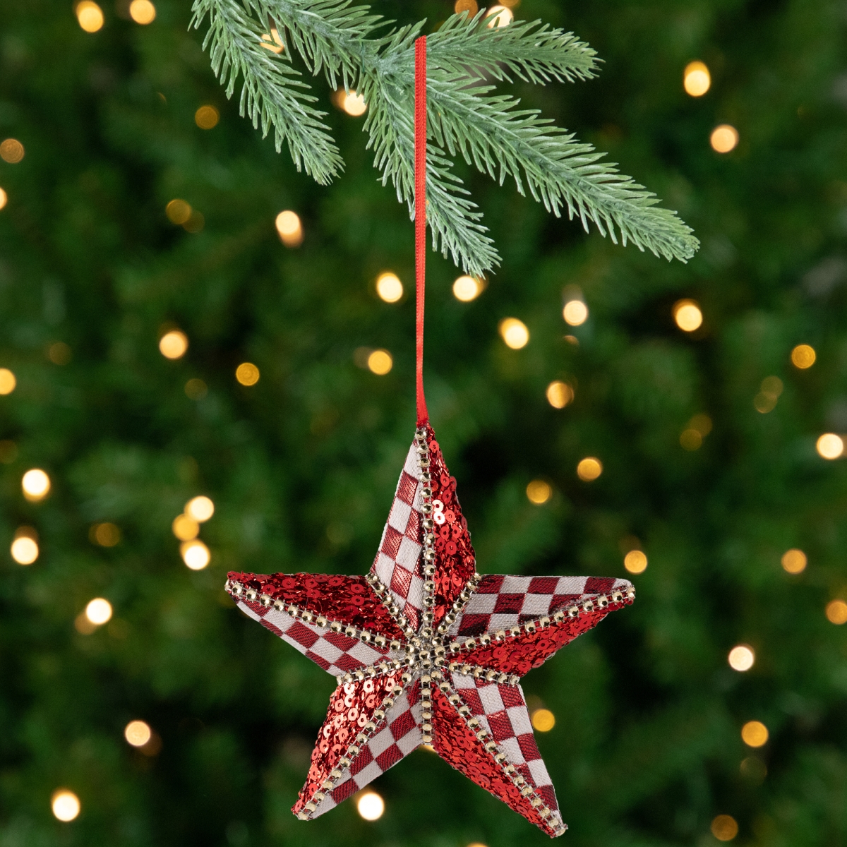 35768231 6 in. Sequined & Checked Star Christmas Ornament, Red