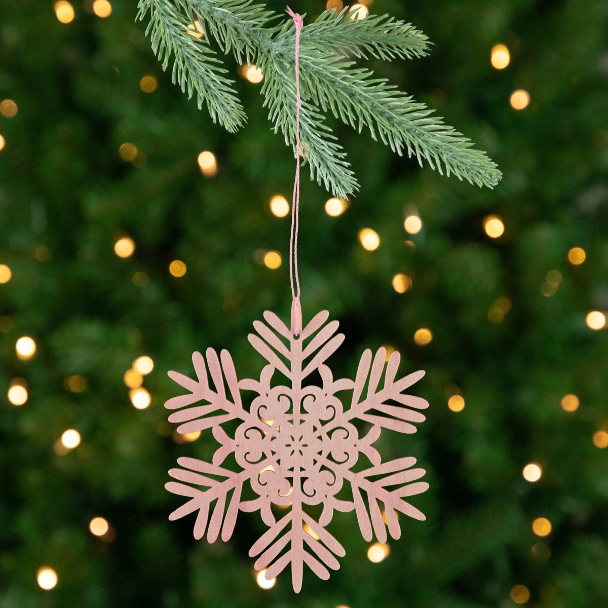 35768235 4.75 in. Snowflake Cut-Out Wood Christmas Ornaments, Pink - Set of 4