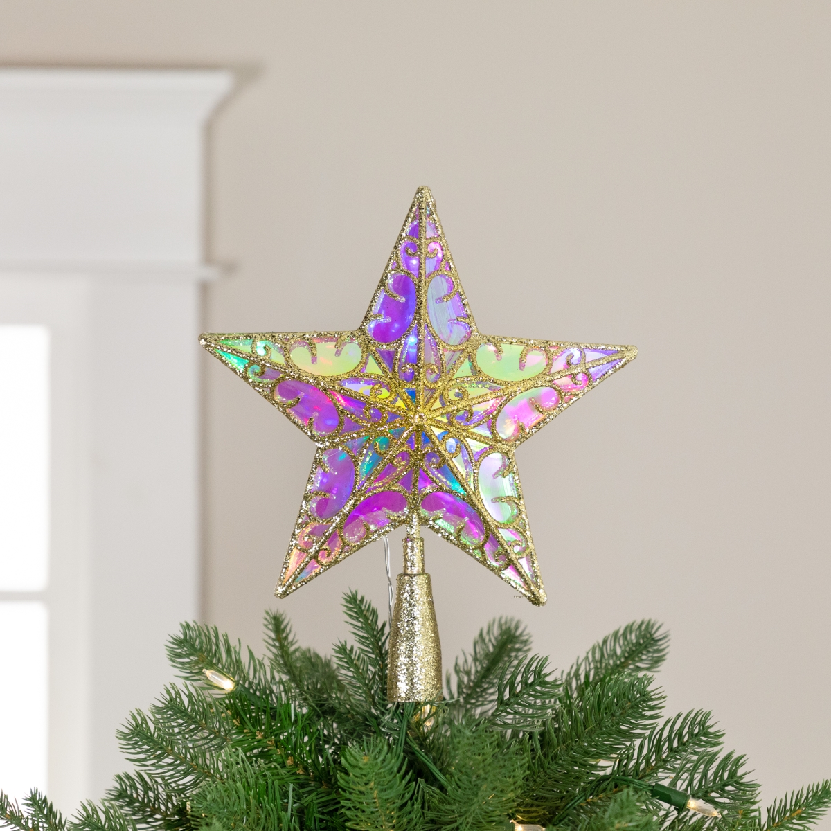 Picture of Northlight 35764516 11 in. LED Lighted Iridescent Glittered Star Christmas Tree Topper - Gold & Multi Color Lights