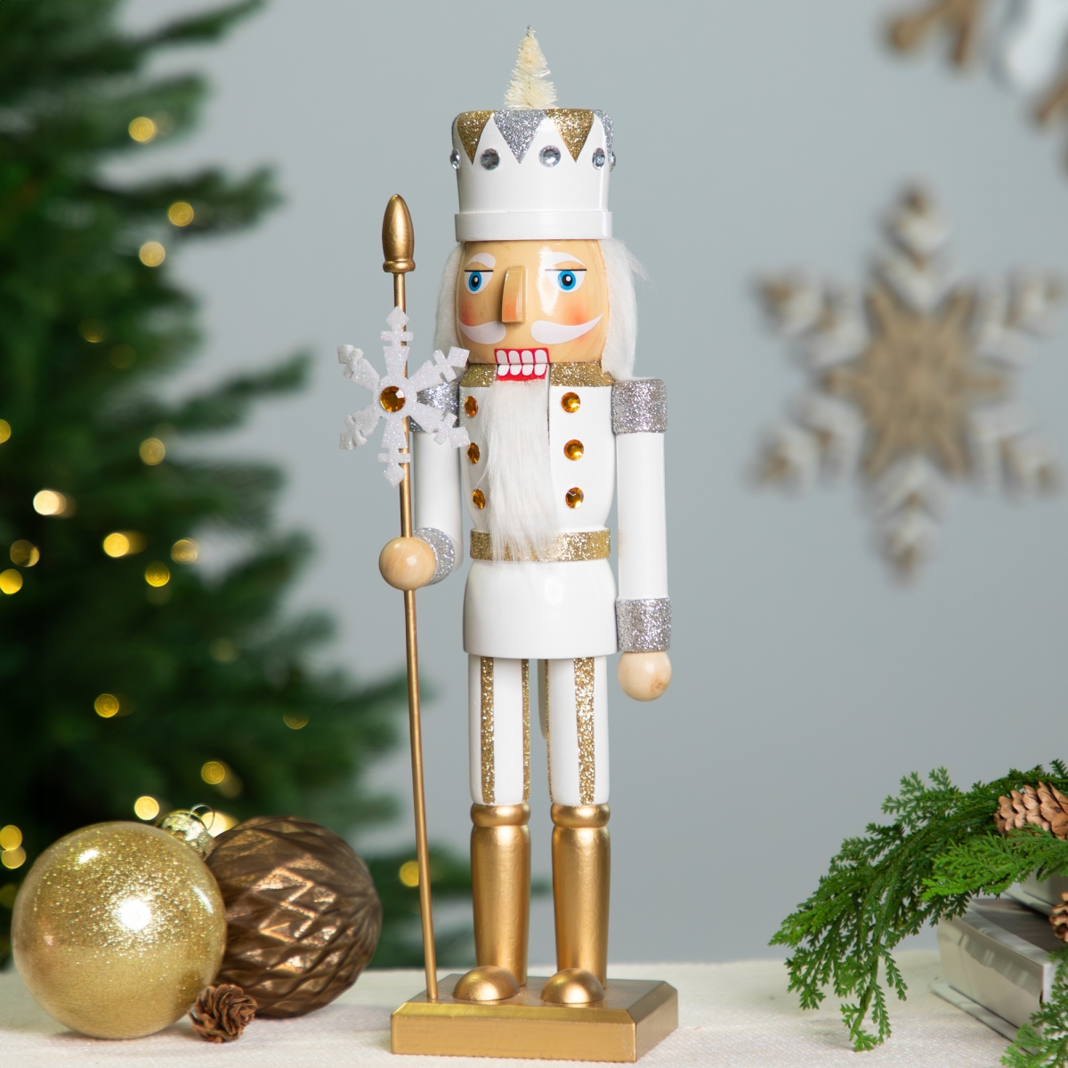 Picture of Northlight Seasonal 35766396 15 in. Glittered Nutcracker with Snowflake Sceptre Christmas Figure&#44; White