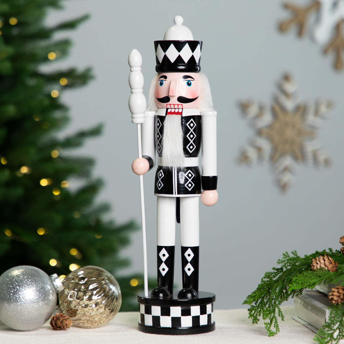 Picture of Northlight Seasonal 35766400 15 in. Checked Nutcracker Soldier with Sceptre Christmas Figure&#44; Black & White