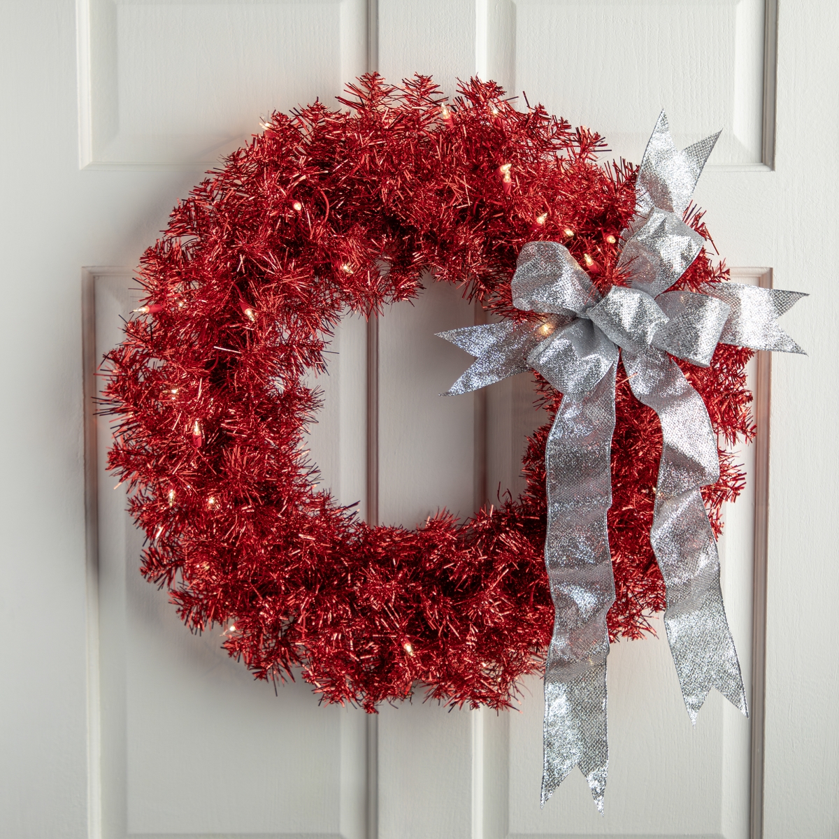 35764362 24 in. Red Pre-Lit Tinsel Artificial Christmas Wreath - Clear Lights