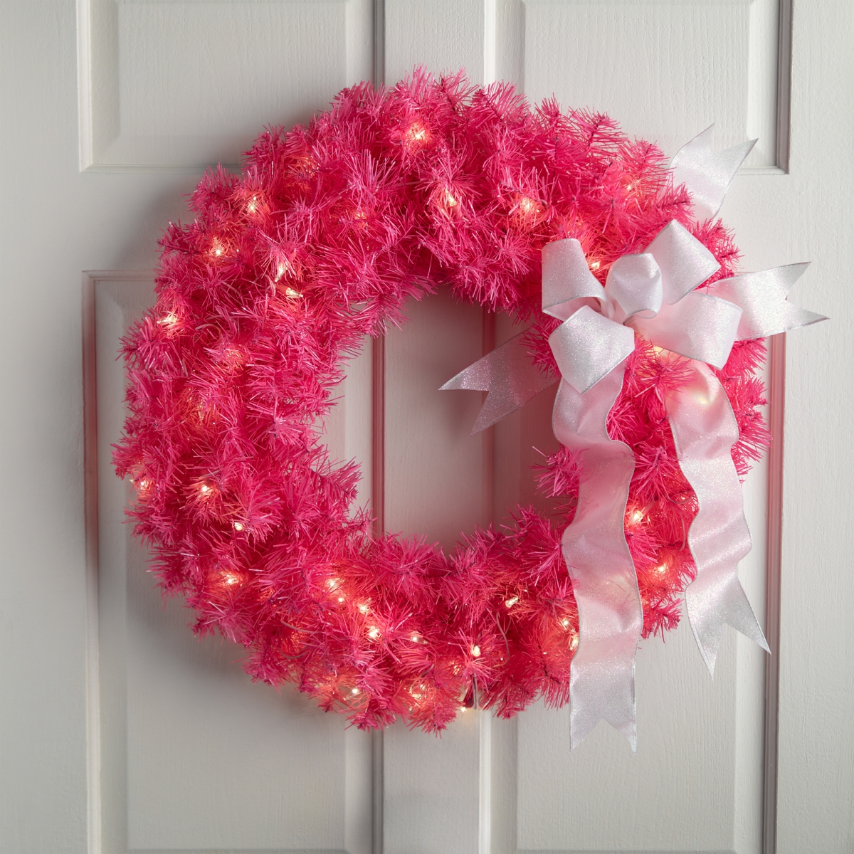 35764366 24 in. Pink Pre-Lit Tinsel Artificial Christmas Wreath - Clear Lights
