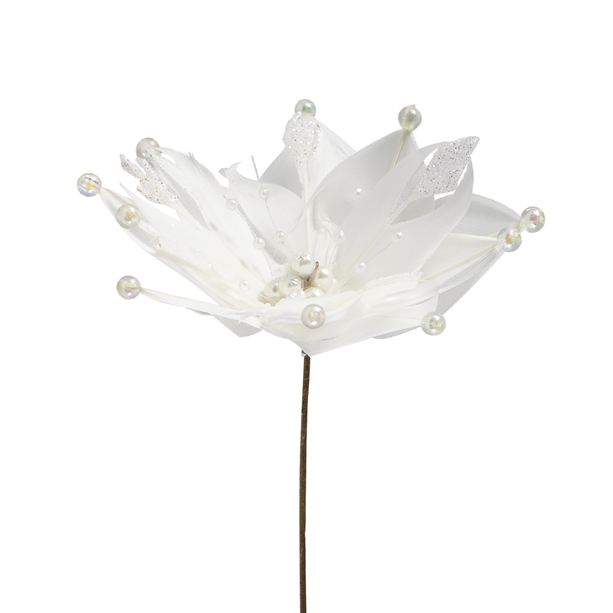 35768298 13.75 in. Beaded Feather Poinsettia Artificial Christmas Pick, White