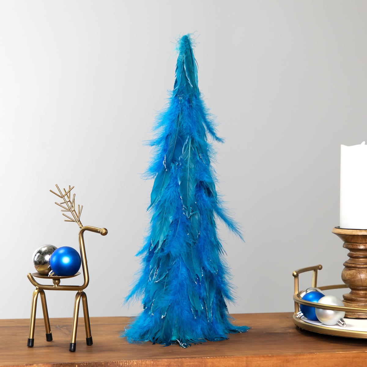 35768303 19.5 in. Two-Tone Layered Glitter Feather Cone Tree Christmas Decoration, Turquoise