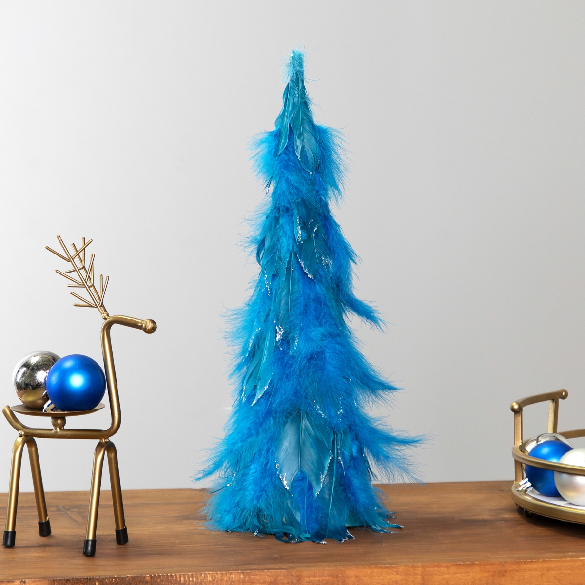 35768306 16 in. Small Two-Tone Layered Feathers Cone Tree Christmas Decoration, Turquoise