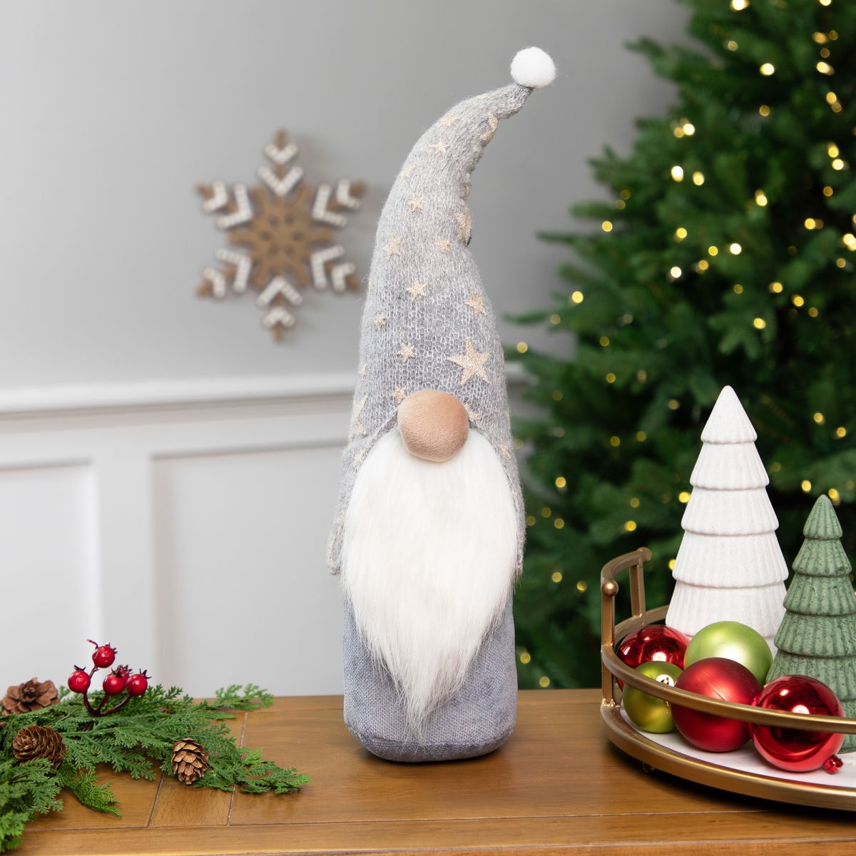 35768322 17 in. Gnome with Knitted Star Pattern Hat Christmas Figure