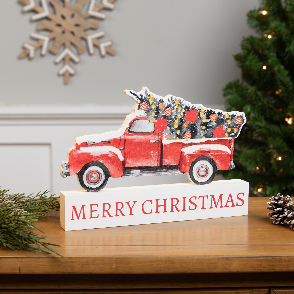 35765910 9 in. Pickup Truck Merry Christmas Wooden Decoration