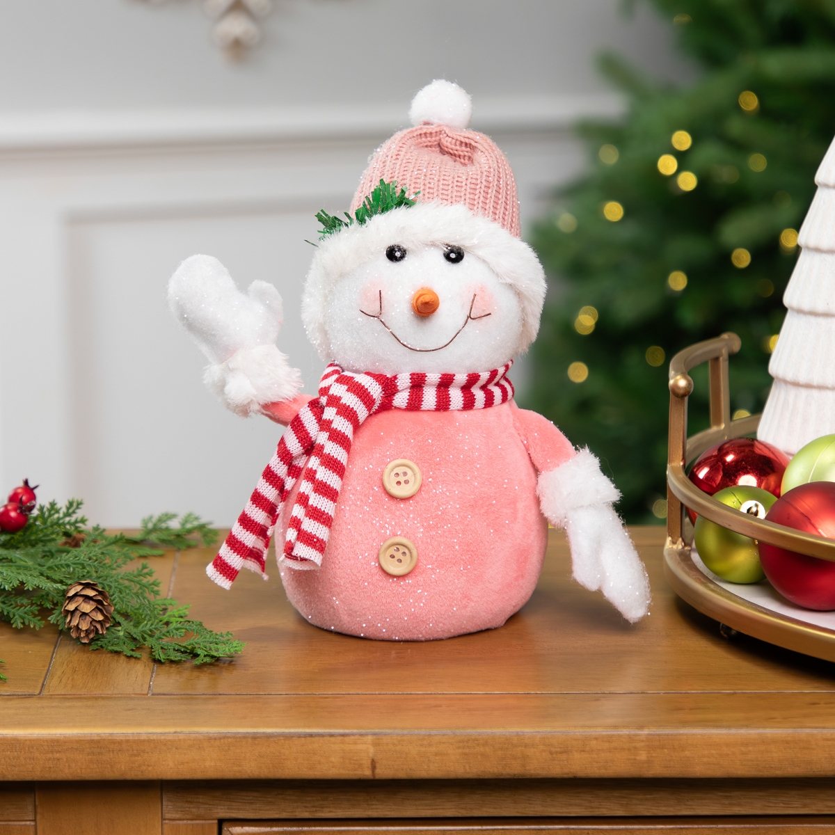 35768213 8.5 in. Glittered Snowman with Knitted Hat Christmas Figurine