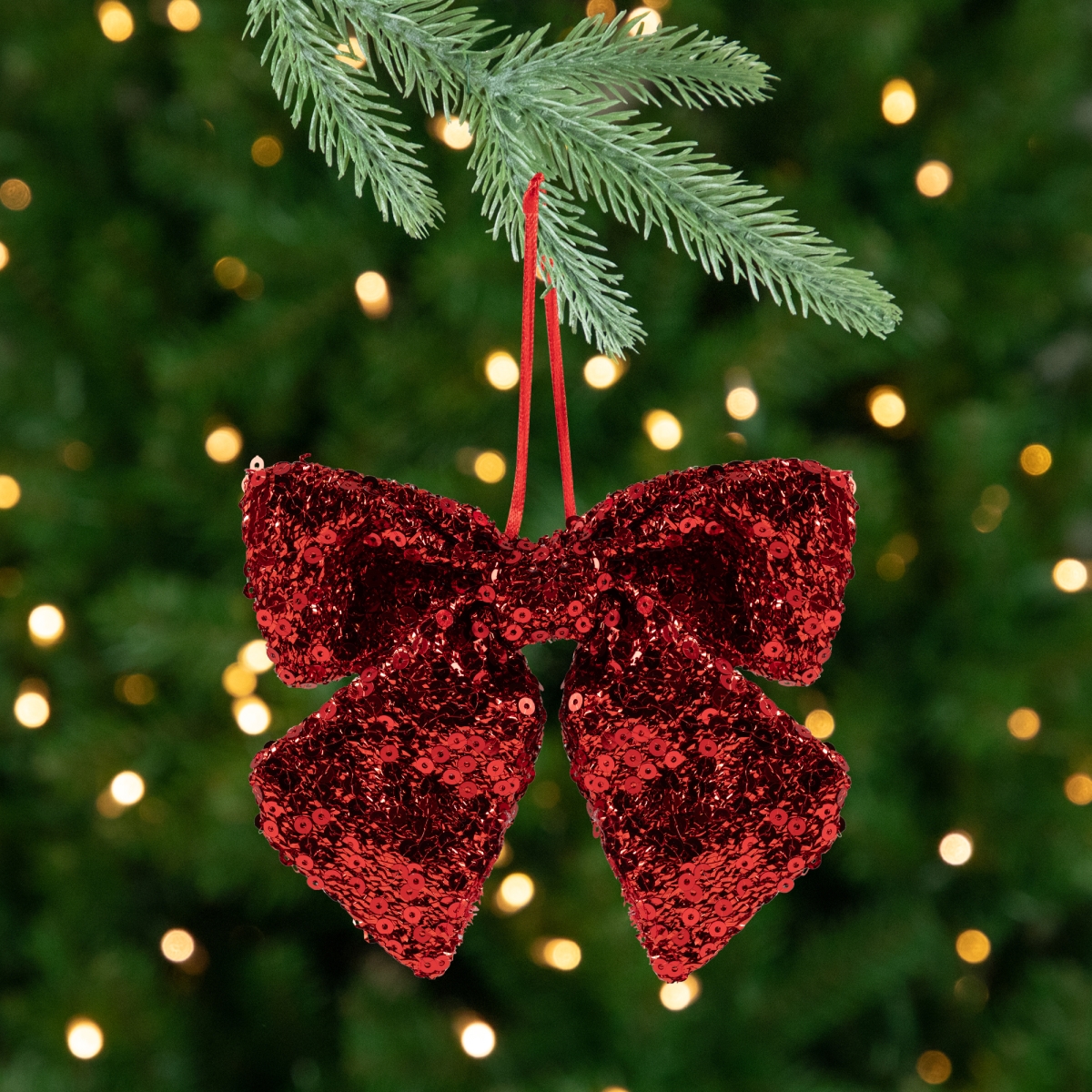 35768226 6 in. Shimmering Sequin Bow Christmas Hanging Ornament - Red