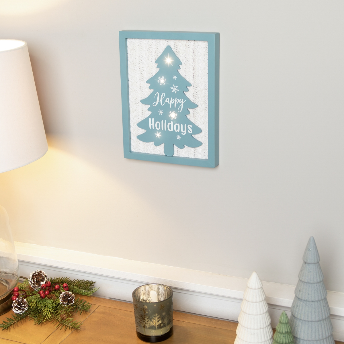 35771126 12 in. Lighted Happy Holidays Christmas Tree with Cable Knit Texture Wall Art