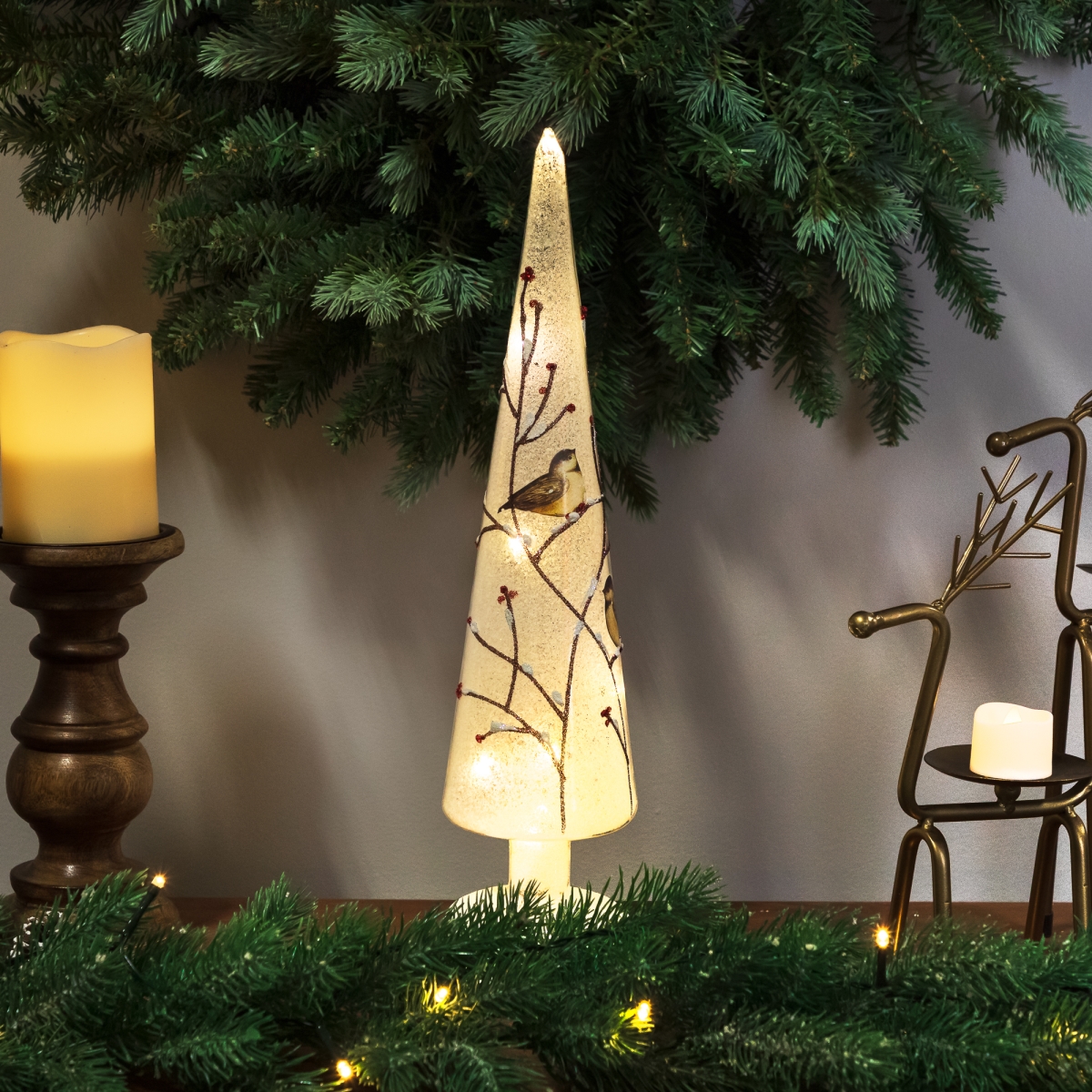 Picture of Northlight 35774302 16 in. LED Lighted Birds on Branches Frosted Glass Cone Christmas Tree Decoration