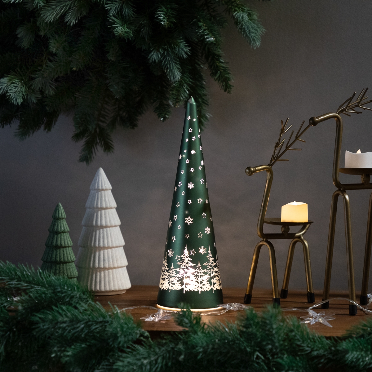Picture of Northlight 35774310 11.5 in. LED Lighted Snowy Forest Glass Christmas Cone Tree Decoration