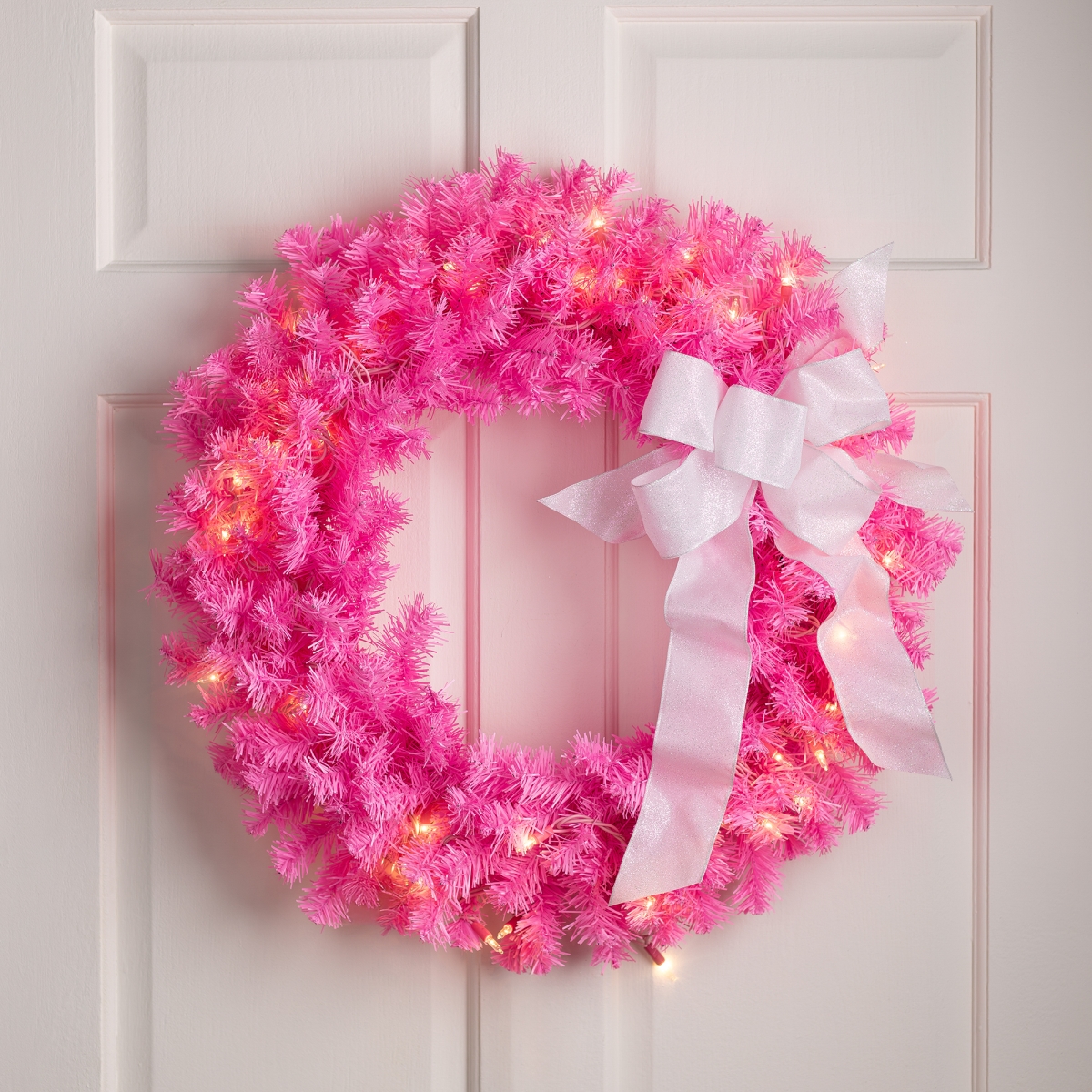 35778349 24 in. Pre-Lit Artificial Pine Christmas Wreath - Pink with Clear Lights