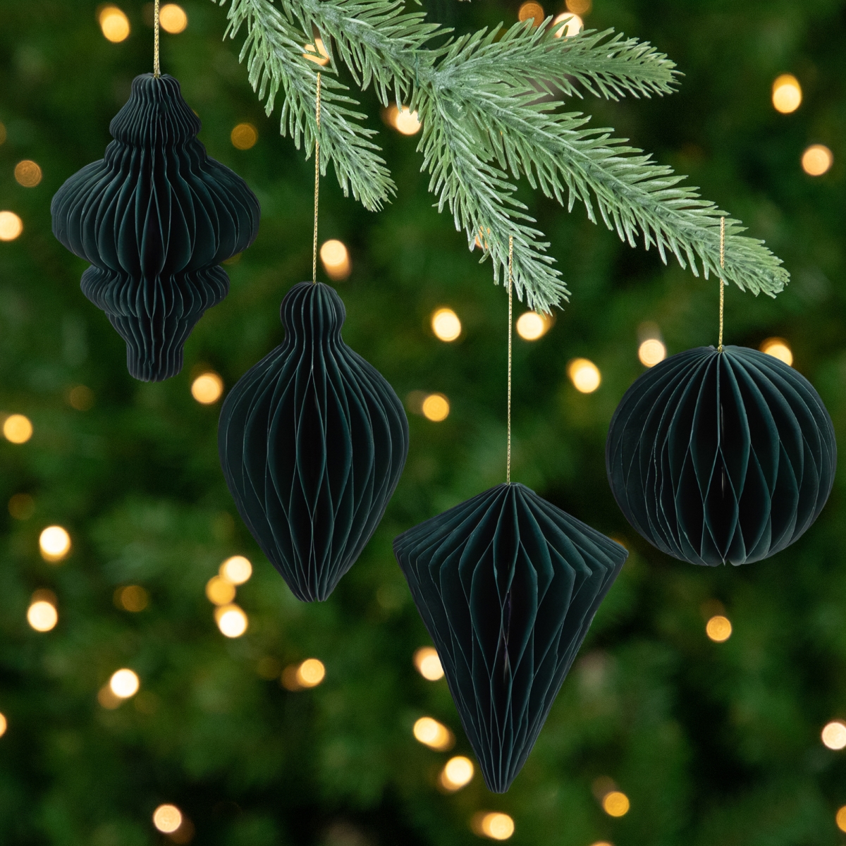 35835507 4 in. Accordion Honeycomb Foldable Paper Christmas Finial Ornaments - Green - Set of 4