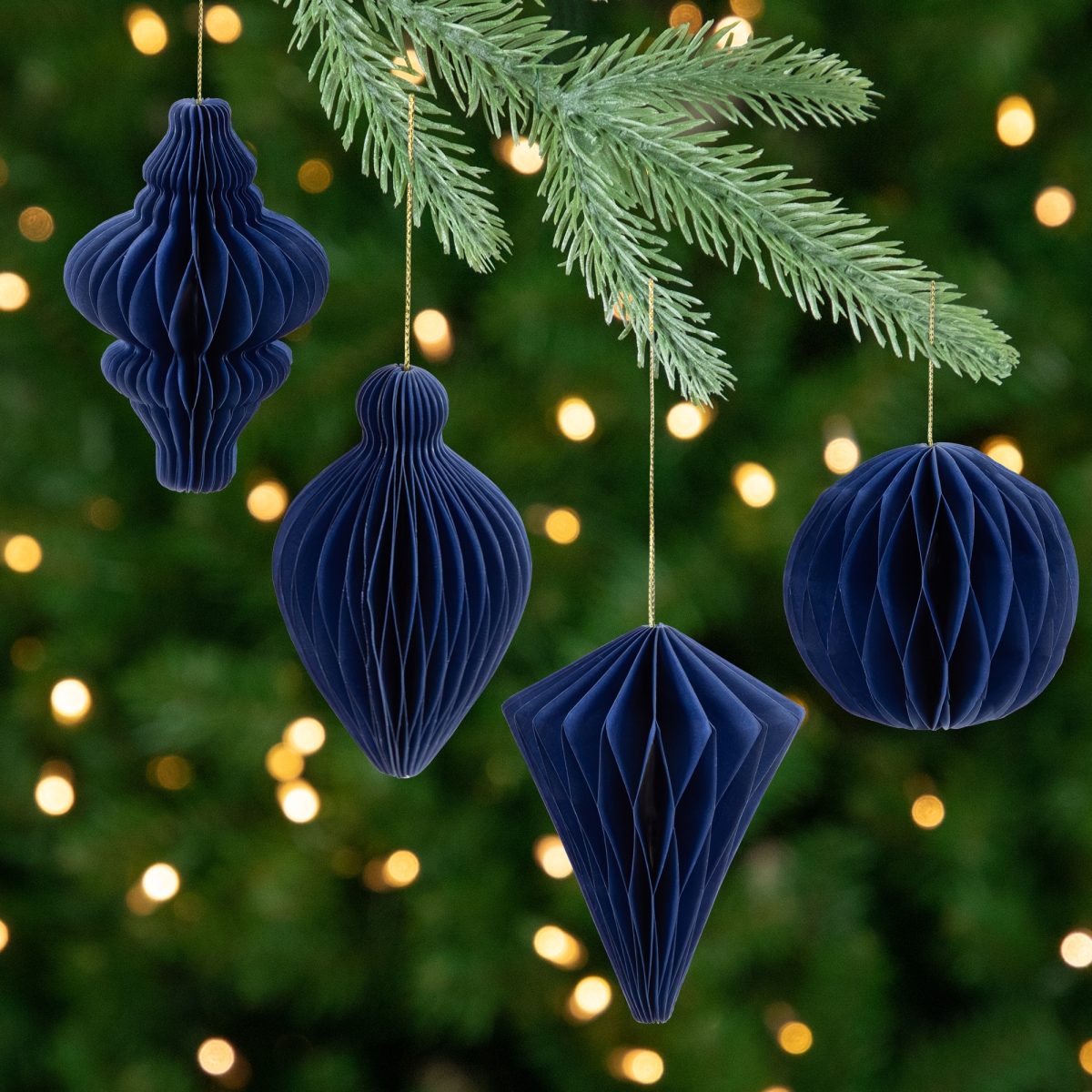 35835508 4 in. Accordion Honeycomb Foldable Paper Christmas Ornaments - Navy Blue - Set of 4