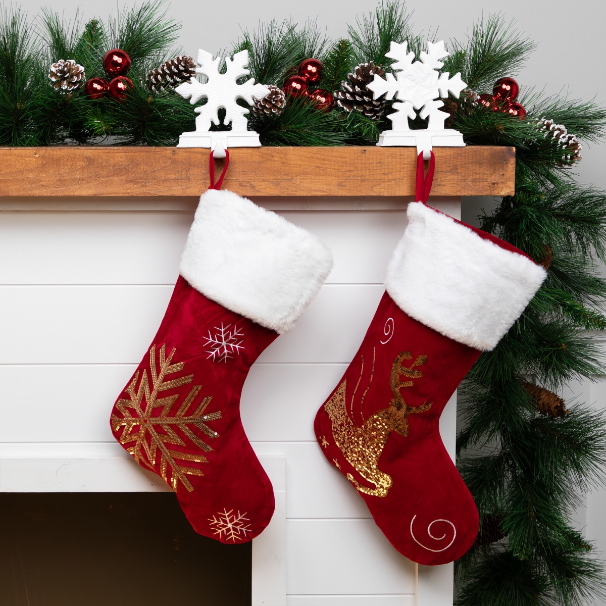 Picture of Northlight 35768027 Reindeer & Snowflake Sequin Christmas Stockings - 20 in. - Red & White - Set of 2