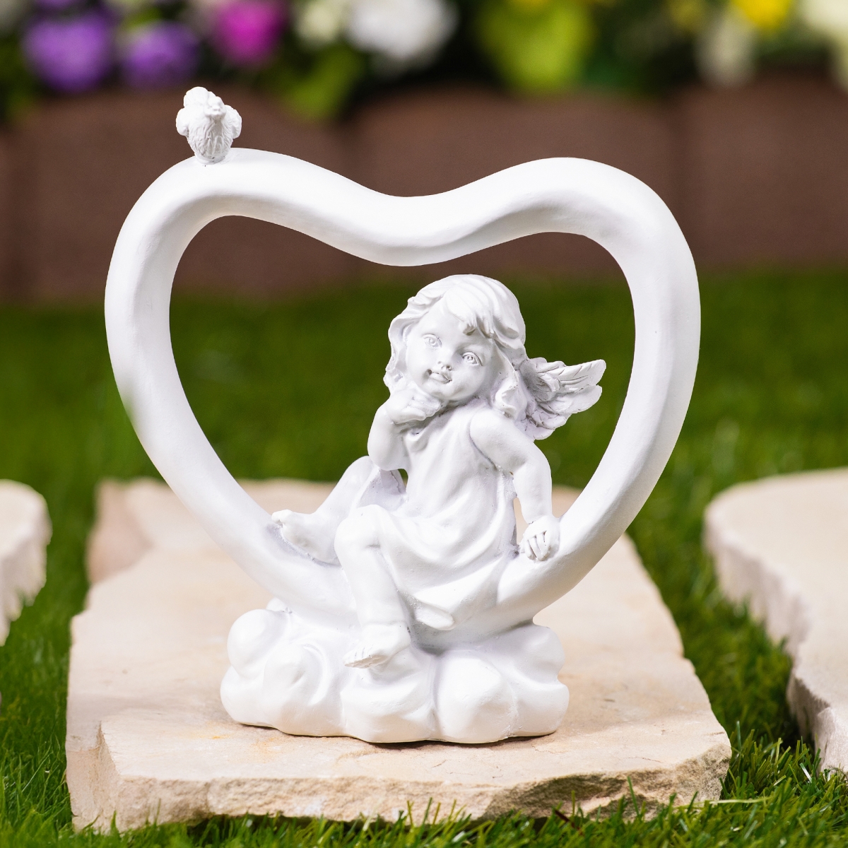 35836007 Cherub Heart with Bird Decoration, White - 7 in.
