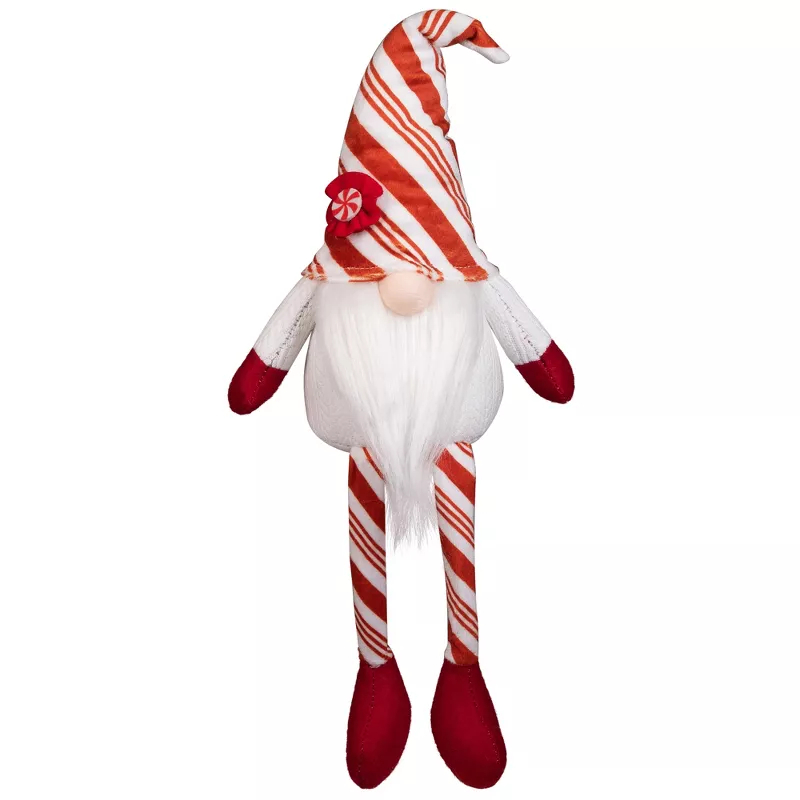 35847890 10 in. Peppermint Candy Plush Gnome with Dangling Legs Christmas Decoration, Red