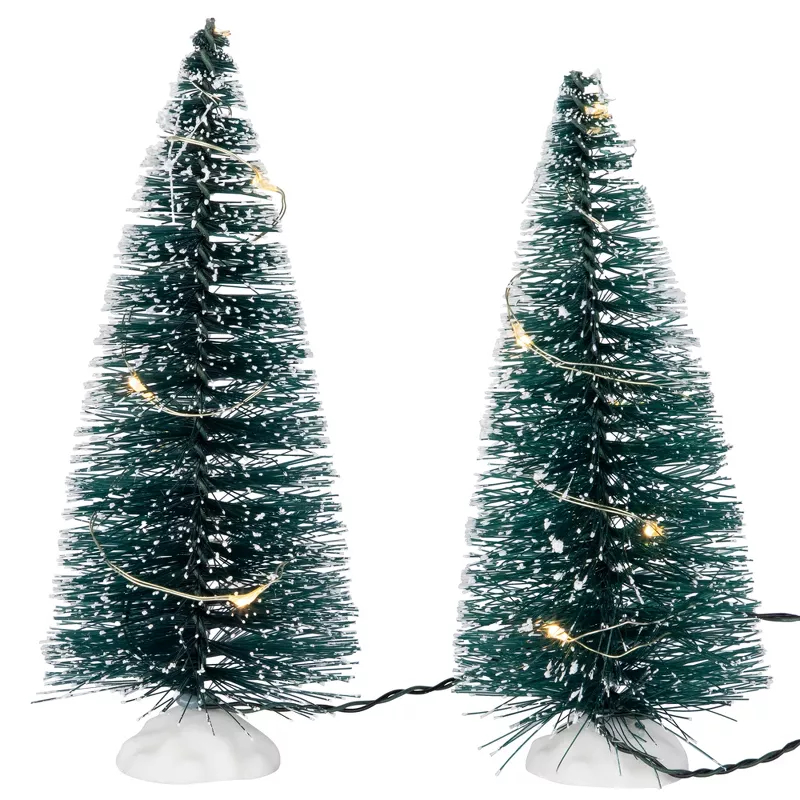 34866715 6 in. LED Lightsed Frosted Mini Bottle Brush Pine Christmas Village Tree, Green - Set of 2
