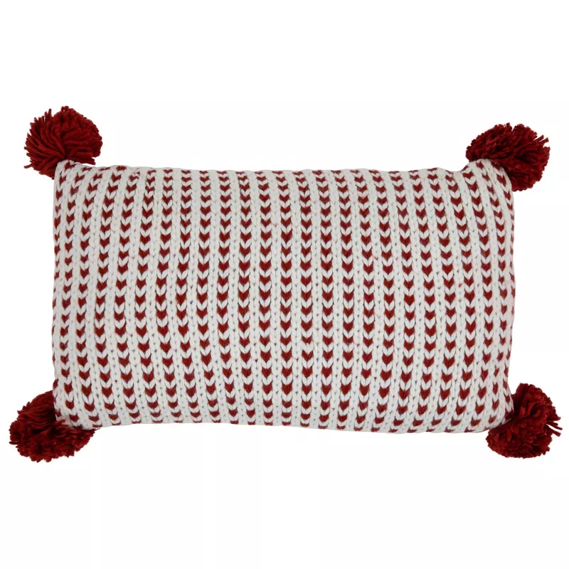 35246829 19.5 in. White & Red Knitted Rectangular Throw Pillow with Pom Poms