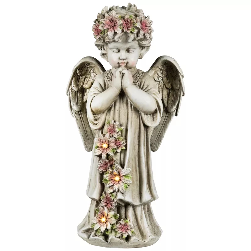 35835519 16 in. LED Lightsed Praying Cherub with Flowers Statue, Ivory