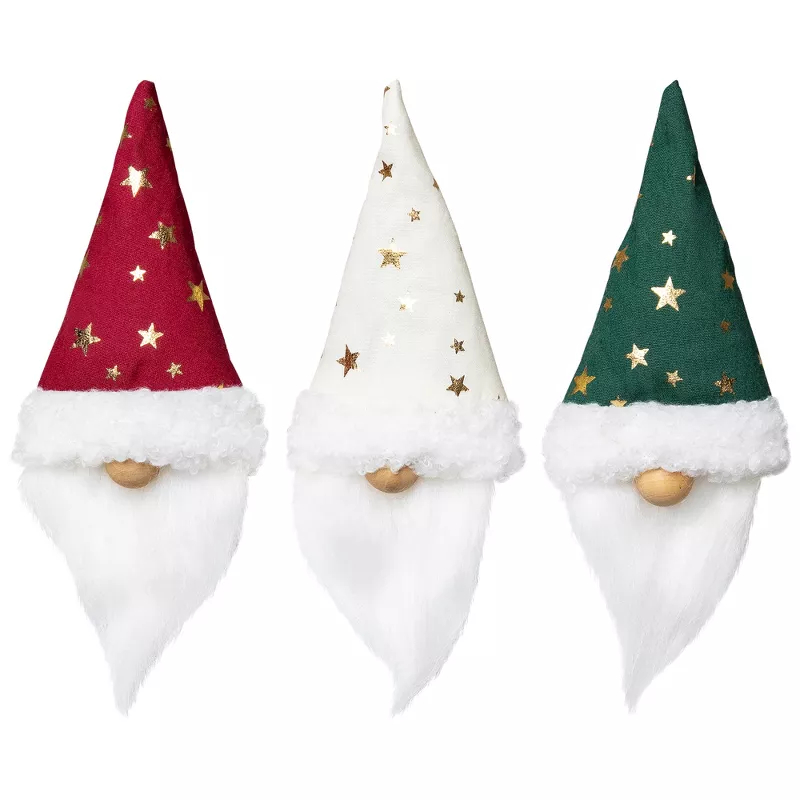 35849003 6 in. Santa Hat Gnome with Stars Clip-On Christmas Ornaments, Multi Color - Set of 3