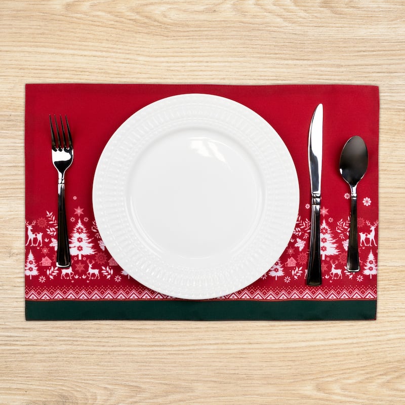 36231564 18 in. Reindeer & Snowflakes Rectangular Christmas Placemat, Red - Set of 4